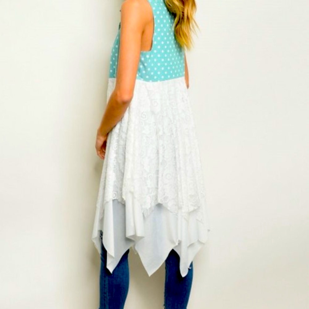 American Made BOHO Green Polka Dot Lace & Cotton Vest Open Lagan Small Cardigan